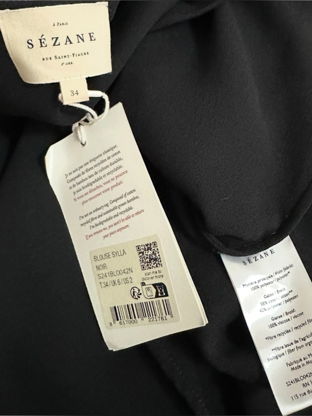 SÉZANE Sylla Blouse, Black, FR34/US2 - Picture 8 of 8